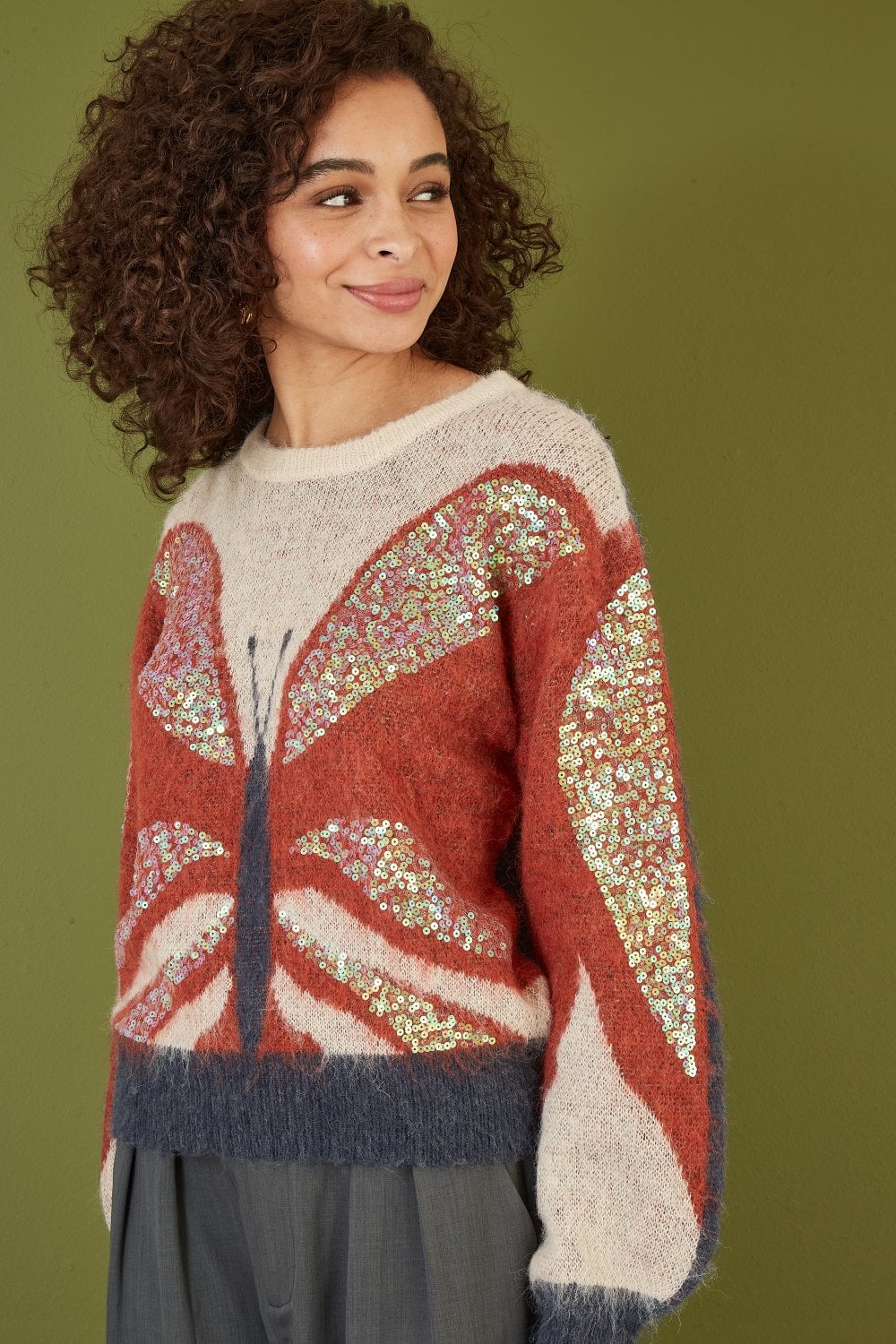 Yumi Cream Butterfly Sequin Knitted Jumper