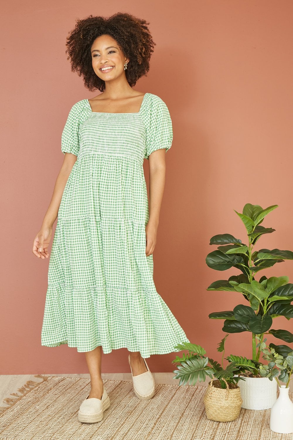 Yumi Green Cotton Gingham Smock Puff Sleeve Midi Dress