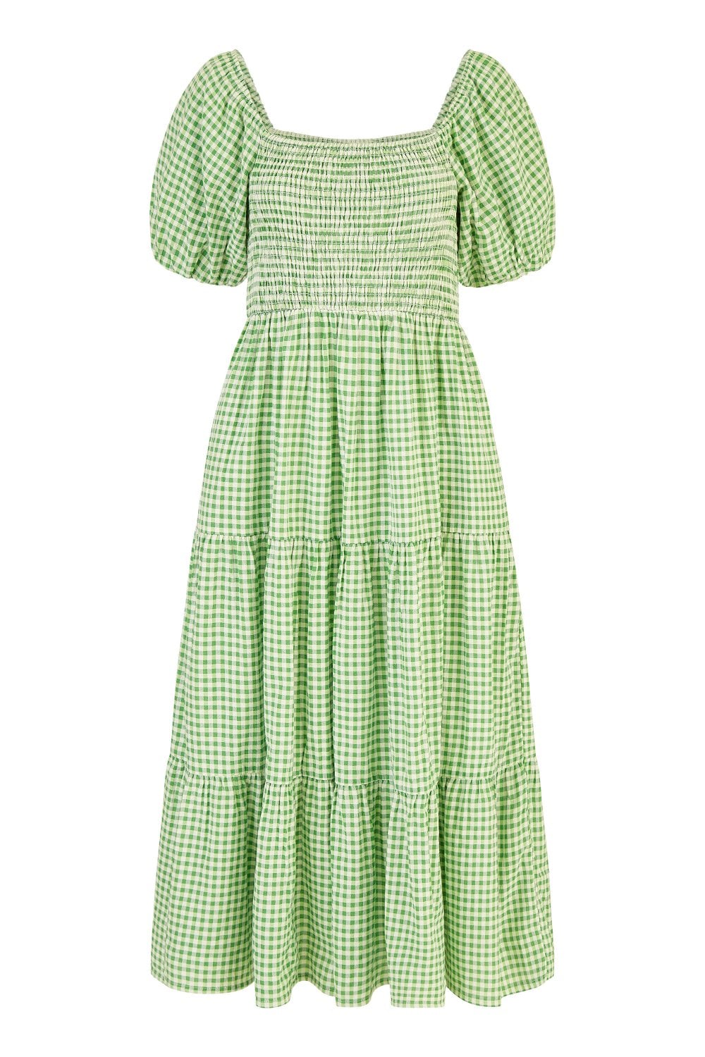 Yumi Green Cotton Gingham Smock Puff Sleeve Midi Dress