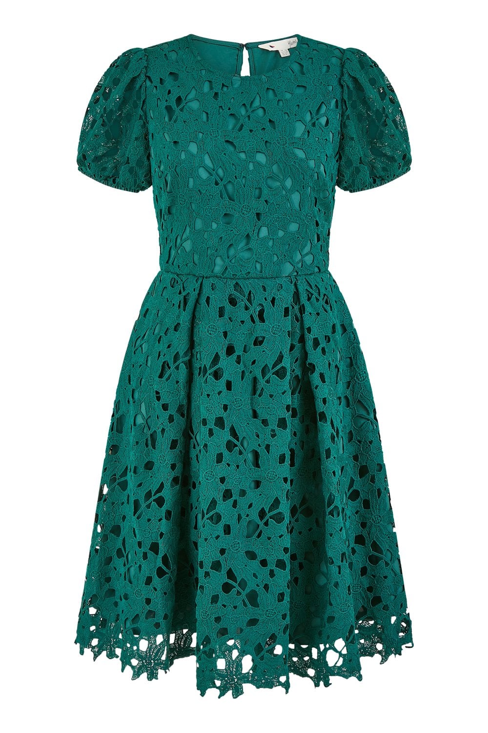 yumi green lace dress Yumi Green Lace Skater Dress With Puff Sleeves