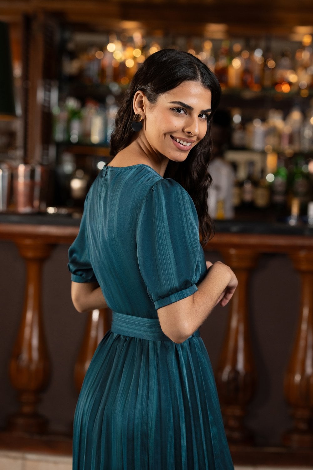 yumi green dress Yumi Green Blossom Wrap Midi Dress With 3/4 Sleeves – Tradegala main image 1