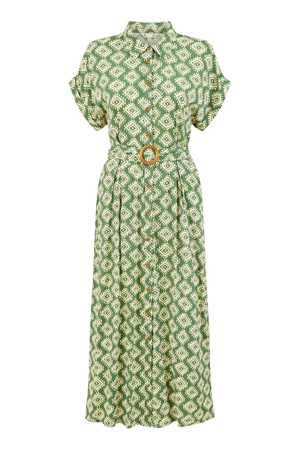 Yumi Green Viscose Midi Shirt Dress With Matching Belt  Envy Boutique