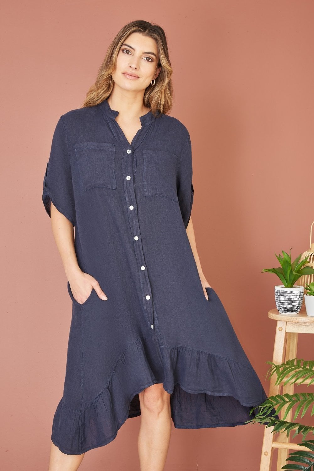 Yumi Khaki Italian Linen Shirt Dress With Frill Hem Yumi Khaki Italian Linen Shirt Dress With Frill Hem