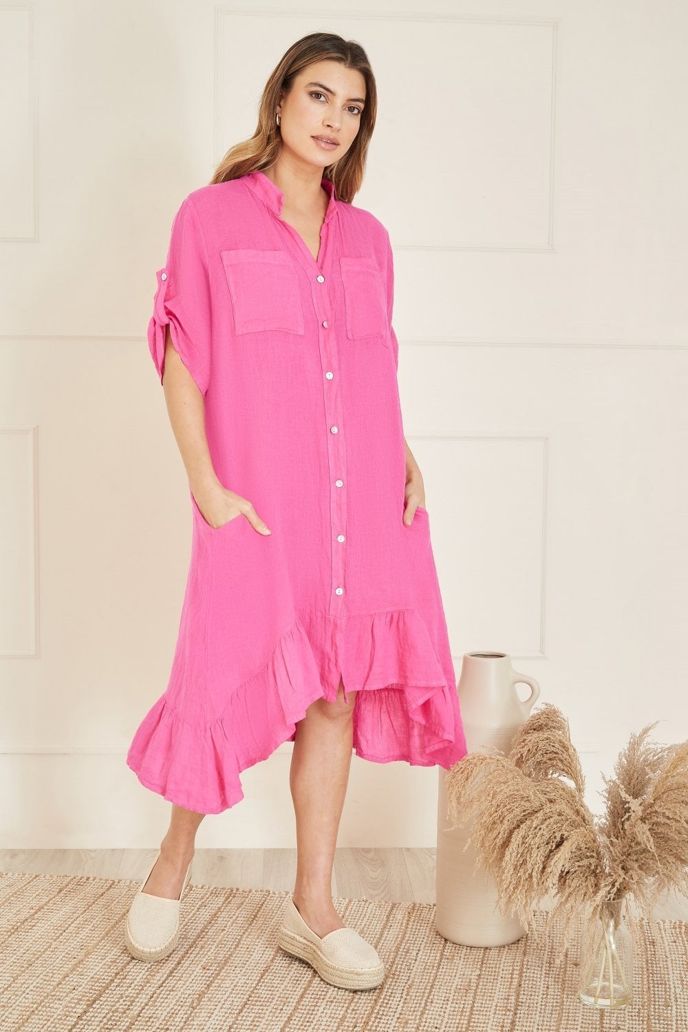 Yumi Khaki Italian Linen Shirt Dress With Frill Hem Yumi Khaki Italian Linen Shirt Dress With Frill Hem