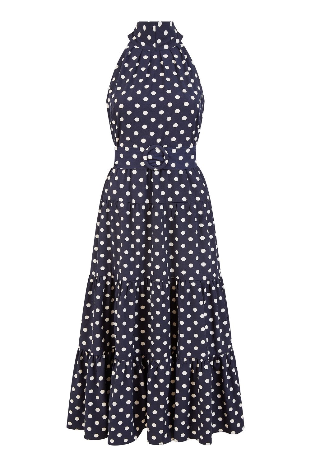 Yumi Navy Spot Print Halter Midi Dress With Matching Belt – Envy Boutique