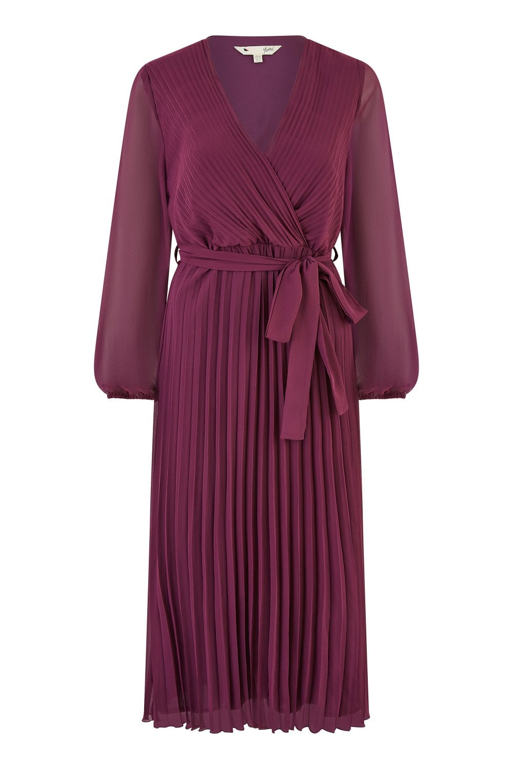 Yumi Plum Pleated Wrap Midi Dress With Sheer Long Sleeves  Envy Boutique