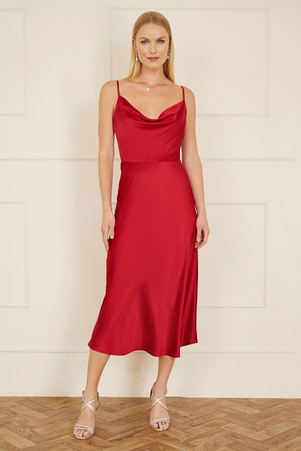 red satin cowl neck midi dress Wine Satin Cowl Neck Cross Back Midi Dress